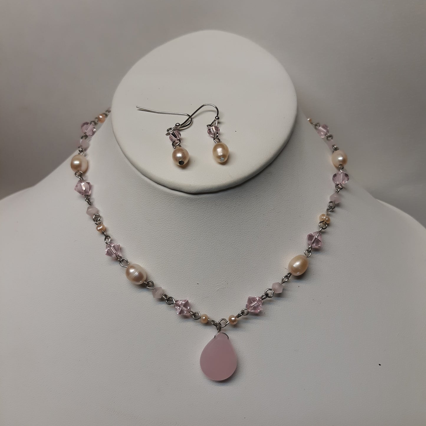 Pink or Moon Stone  Bead Necklace Earring Set