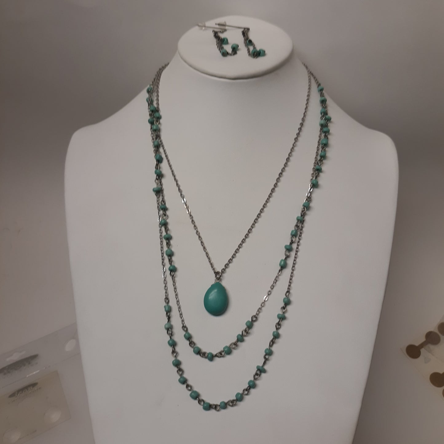 Triple Strand Turquoise Necklace Earring Set